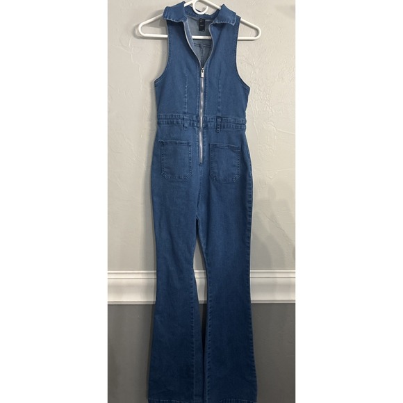 Cider Pants - Cider Womens Denim Flare Leg Jumpsuit Size XL Sleeveless Stretch Pockets